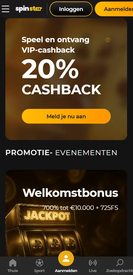 Bonussen en promoties bij SpinStar Casino Bonuspagina van SpinStar met een VIP-cashback van 20%, een 'Meld je nu aan'-knop en een promotiesectie met een welkomstbonus van 700% tot €10.000 + 725 FS tegen een achtergrond van een gouden jackpotmachine