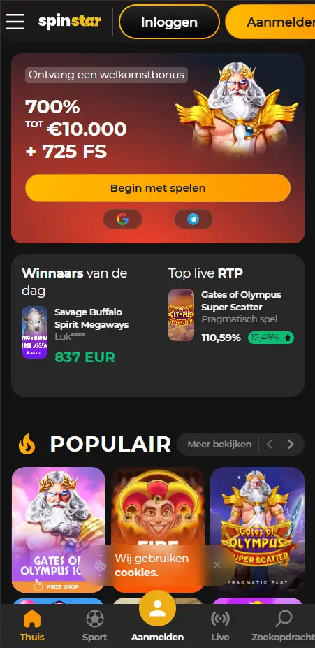 Startpagina van SpinStar Casino op mobiel Startpagina van SpinStar mobiel casino met een welkomstbonusbanner van 700% tot €10.000 + 725 FS, een 'Begin met spelen'-knop, een dagelijkse winnaarsblok met een winst van 837 EUR en een sectie met populaire spellen