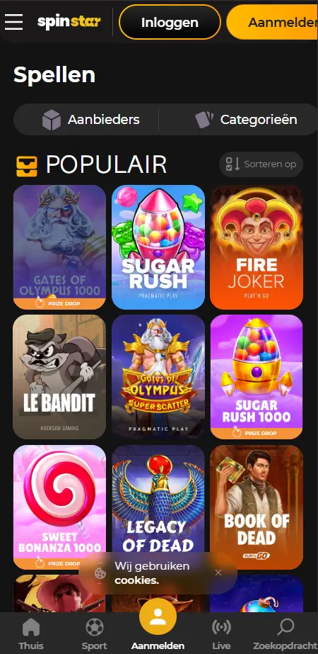 Startpagina van SpinStar Casino op mobiel Startpagina van SpinStar mobiel casino met een welkomstbonusbanner van 700% tot €10.000 + 725 FS, een 'Begin met spelen'-knop, een dagelijkse winnaarsblok met een winst van 837 EUR en een sectie met populaire spellen