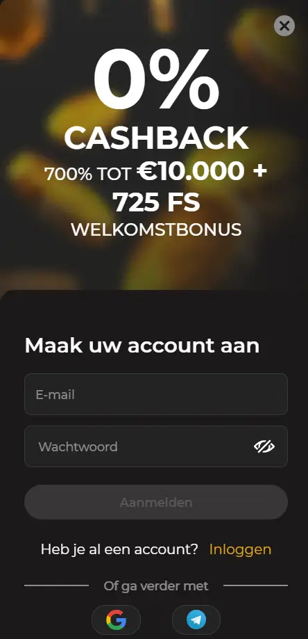 SpinStar Casino registratie op mobiel Mobiel registratieformulier van SpinStar met velden voor e-mail en wachtwoord, een aanmeldknop en inlogopties via Google en Telegram, tegen een achtergrond met een welkomstbonus van 700% tot €10.000 + 725 freespins